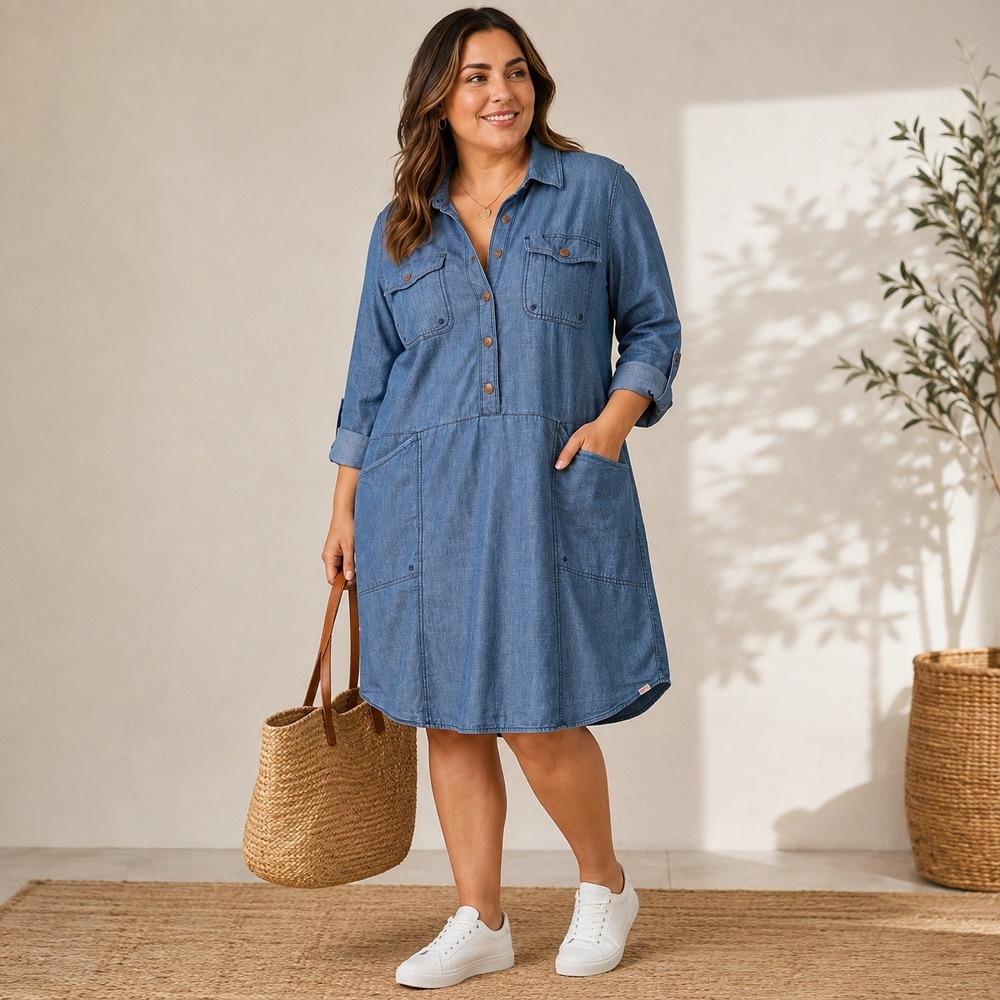 Duluth Trading Co Blue Chambray Roll Tab Sleeve Utility Shirt Dress Womens XL